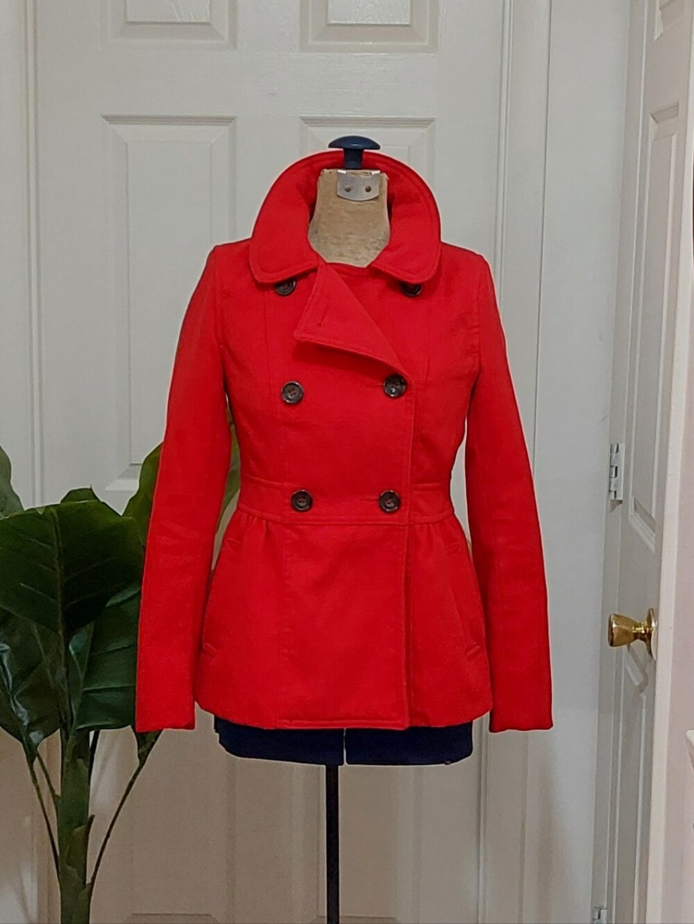 Y2K H&M Divided Red Double-Breasted Pea Coat with Peter Pan Collar Size 6 - Picture 5 of 10